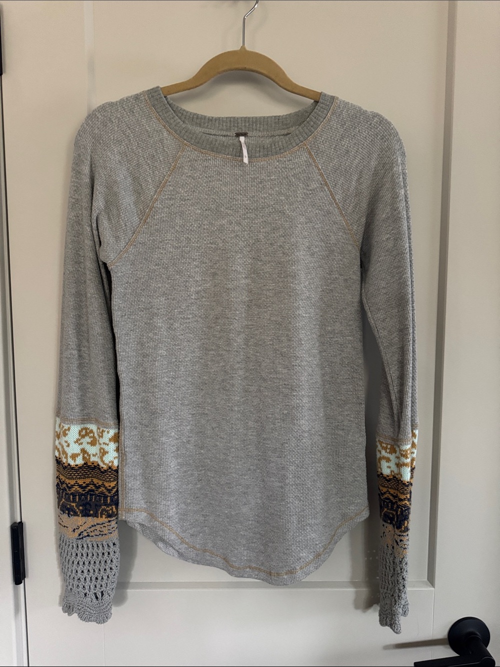 Free People Gray All In Cuff Thermal Top with Fairisle Sweater Cable Cuffs